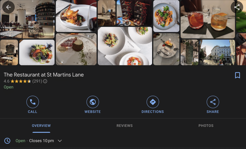 Screenshot of a restaurant displaying appealing images