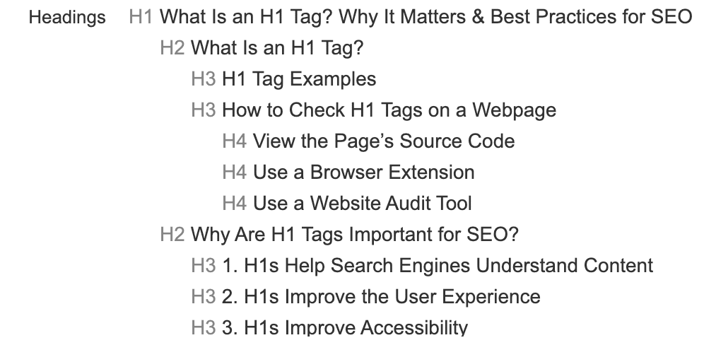 Important heading structure listing the page's primary topics in H tag hierarchy.