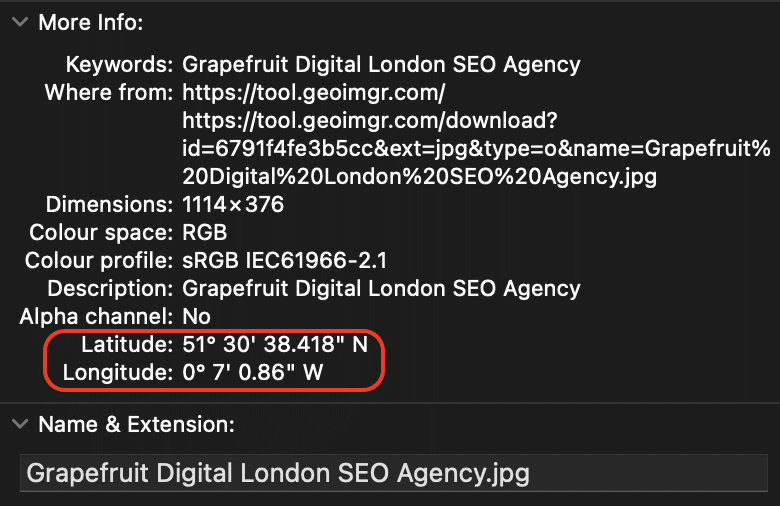 Location coordinates included in the Exchangeable Image File Format data.