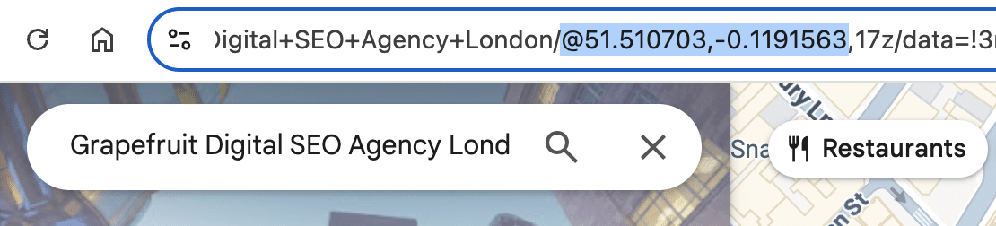 Coordinates from the map search results for the location settings