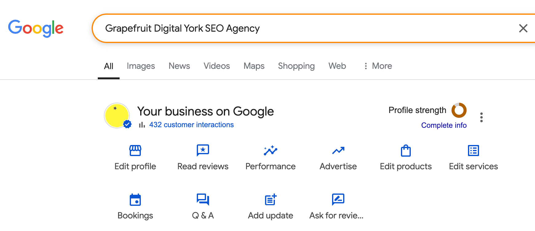 Optimisation options for a Google business listing